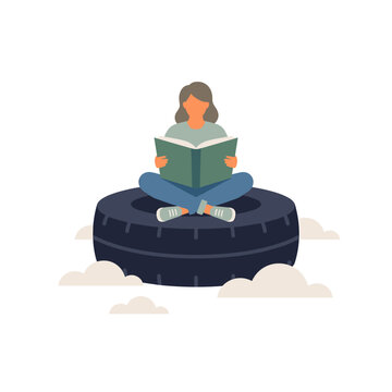 Woman Reading Book Sitting on Tire Floating in Cloud Illustration
