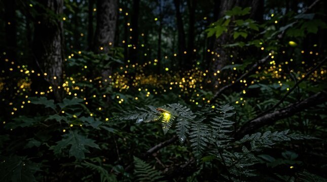 Fireflies glowing in a dark forest at night