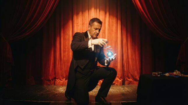 Magician performing a magic trick with glowing ball and cards on stage