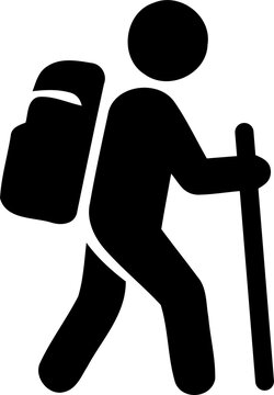 Hiker with backpack and trekking pole walking during outdoor exploration isolated on transparent background