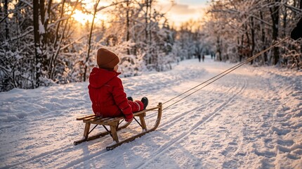 Fototapeta premium A child in a red outfit rides a sled through a snow covered forest at sunset. Concept symbolizes active winter lifestyle, outdoor recreation, family fun, and holiday joy. Generative AI.