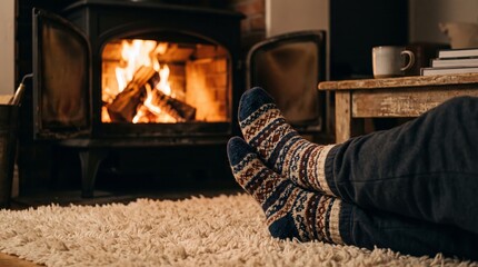 Fototapeta premium Patterned wool socks rest on a soft rug beside a glowing wood stove in a cozy room. Concept winter comfort, home heating, hygge lifestyle and seasonal advertising. Generative AI.