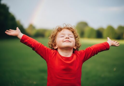 Happy toddler with curly red hair and open arms standing in park