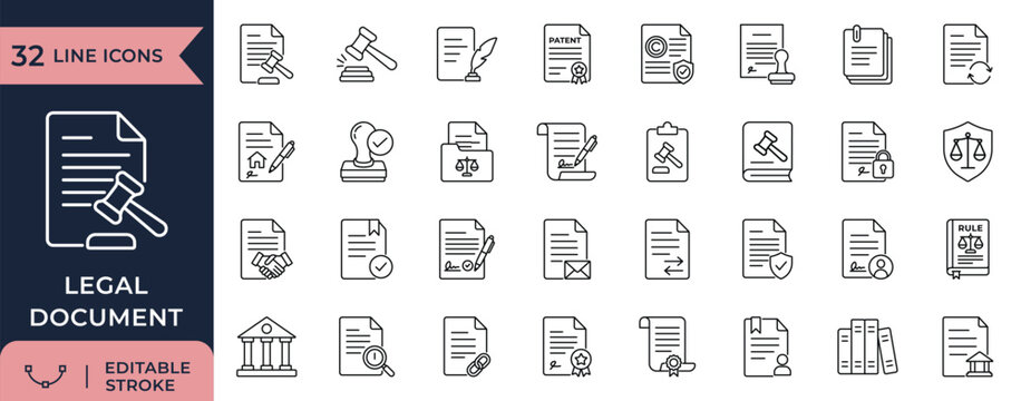 Legal document line icon set for law, contract, and justice with editable stroke
