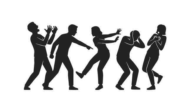 Black silhouettes of people arguing and bullying someone in a hostile conflict scene