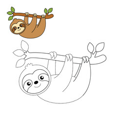 Naklejka premium Cute Hanging Sloth Trace and Color Worksheet for Kids Preschool Activity