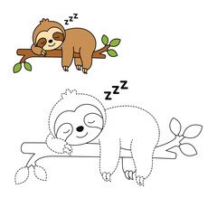 Naklejka premium Cute Sleeping Sloth Trace and Color Worksheet for Kids Preschool Activity