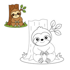 Naklejka premium Cute Sloth Sitting on Tree Trace and Color Worksheet for Kids Preschool Activity