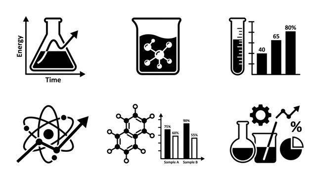 A set of black and white scientific icons featuring laboratory glassware chemical structures bar charts and analytical data graphs for research and