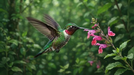 Naklejka premium Hummingbird hovering and feeding on pink flowers in lush green garden