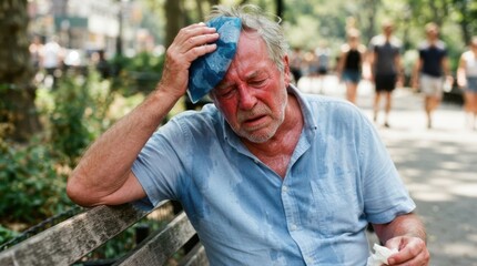 Fototapeta premium Senior man suffering from heat stroke holding ice pack on head