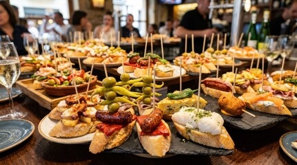 Obraz premium Selection of traditional Basque pintxos and tapas on bar counter