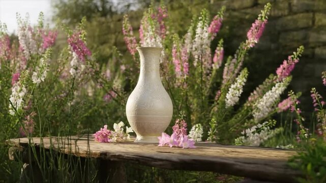 Oleander flower vase on the table with flower petals and oleander flower garden animation video