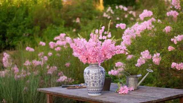 Luxury beautiful oleander flower garden and vase on the table with water jug view
