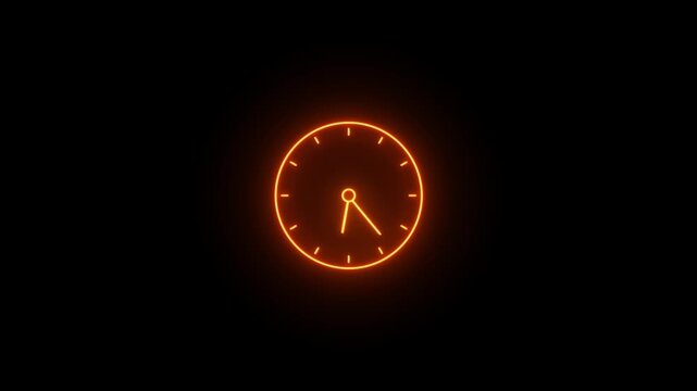 Neon orange Color Clock Icon video animation on black background. Bright Clock icon showing o'clock icon videon animation. Neon timeline icon, simple speed up hr clock sign motion animation