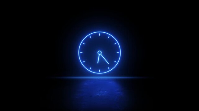 Neon blue Color Clock Icon video animation on black background. Bright Clock icon showing o'clock icon videon animation. Neon timeline icon, simple speed up hr clock sign motion animation