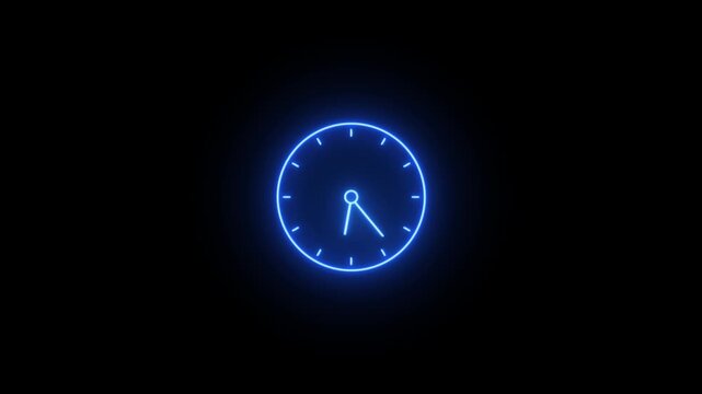 Neon blue Color Clock Icon video animation on black background. Bright Clock icon showing o'clock icon videon animation. Neon timeline icon, simple speed up hr clock sign motion animation
