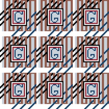 Pixel Art Geometric Repeat with Spiral Emblems and Diagonal Stripes