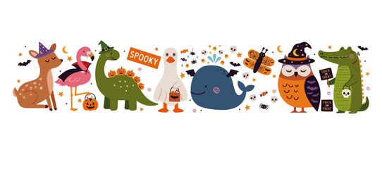 Fototapeta premium Cute animals in Halloween costumes vector banner featuring a flamingo, dinosaur, and owl isolated on a white background.