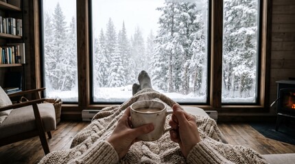 Fototapeta premium Hands hold a steaming mug under a knitted blanket in a cozy cabin overlooking a snowy forest. Concept winter comfort, hygge, travel and lifestyle advertising. Generative AI.