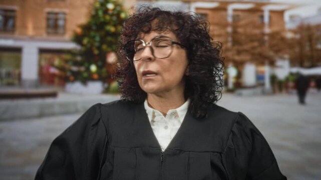 Woman judge in black robe with glasses looking up on a city street near a decorated tree; authority dignity justice.