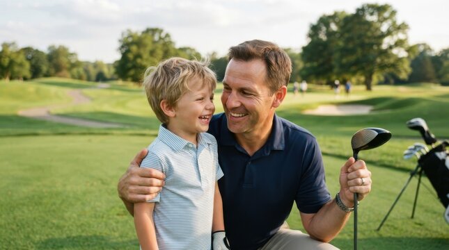 Father and son smiling together on a golf course