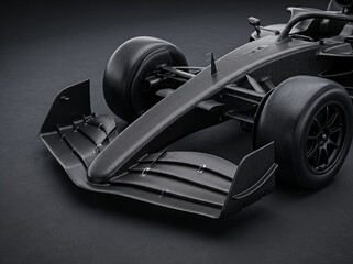 Fototapeta premium close up of front wing and wheel of black carbon fiber formula racing car showing intricate aerodynamic detail