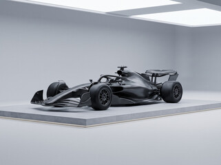 Obraz premium black formula racing car standing in bright minimalistic studio background three quarter side view matte finish