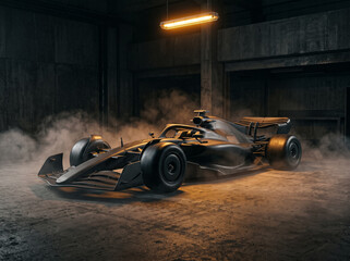 Obraz premium black formula racing car in dark moody garage with smoke atmospheric lighting and warm overhead lamps