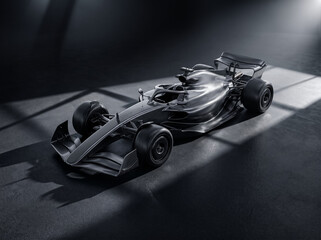 Fototapeta premium matte black formula racing car parked in studio setting with dramatic overhead spotlight illumination