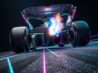 Fototapeta premium retro futuristic style formula racing car with fire exhaust flame on glowing neon synthwave grid background