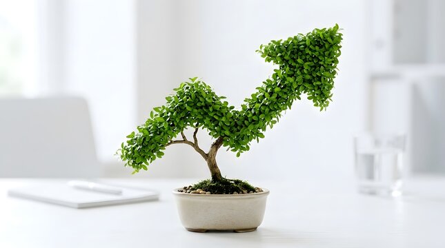 Bonsai tree shaped like a rising financial growth arrow on a clean office desk for business growth