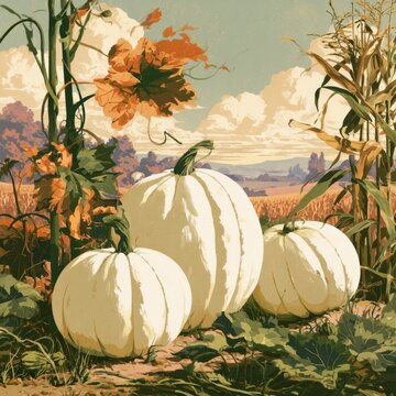 Three pumpkins rest in a harvest field surrounded by crops and foliage under a clear sky marked by soft clouds.