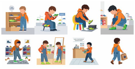 Fototapeta premium Little boy shopping for shoes in a store, trying on new sneakers, tying laces and buying footwear illustration set.