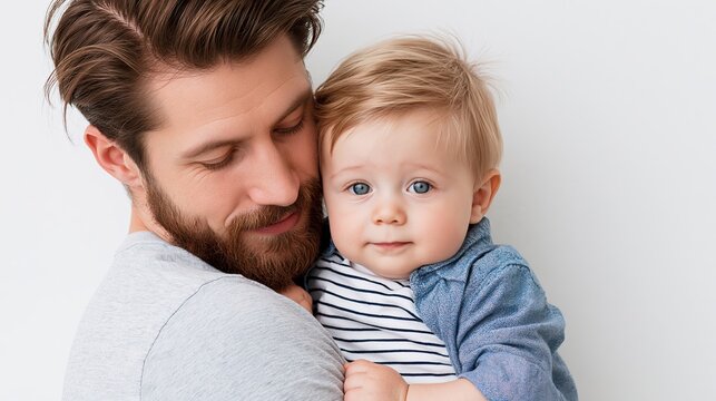Father holding his small son with blonde hair and blue eyes