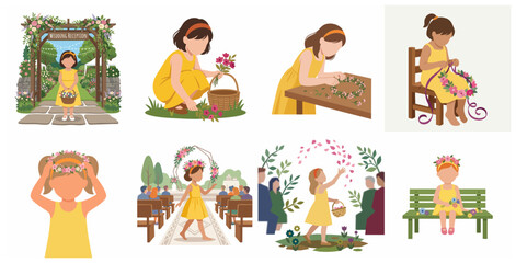 Fototapeta premium Vector illustration set of a flower girl in a yellow dress at a wedding, including scenes of picking flowers, making a crown, and walking down the aisle during a ceremony.