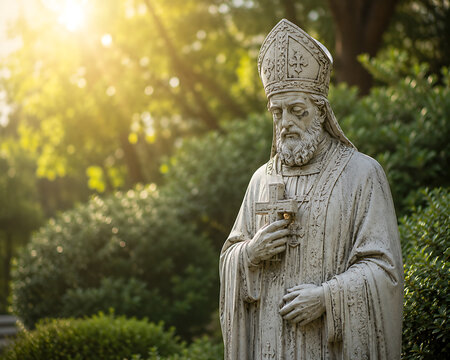 Stone statue of a bishop with a cross detailed and set in a garden