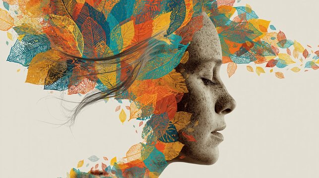 Side profile of a woman's face merged with colorful autumn leaves
