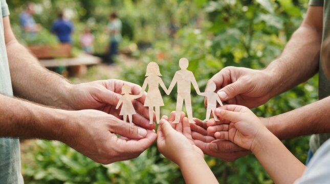 Family holding hands with paper cut out family figures in a garden