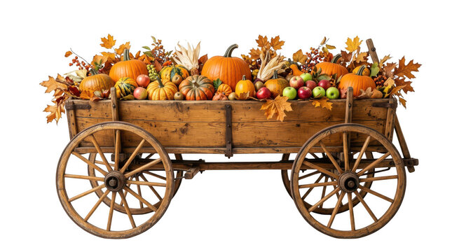 Rustic wooden wagon filled with autumn pumpkins and fall leaves isolated on transparent background