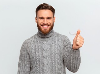 Fototapeta premium Smiling man in grey sweater holding a dental bridge