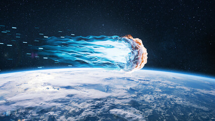burning asteroid trailing a fire tail, streaks dramatically through the upper atmosphere above the Earth. A dangerous celestial event. Elements of this image furnished by NASA © alones