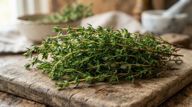 Fresh thyme herb sprigs on a rustic wooden cutting board