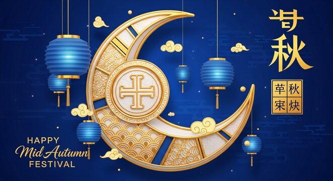 Happy mid autumn festival greeting card with golden crescent moon and blue lanterns on dark blue background