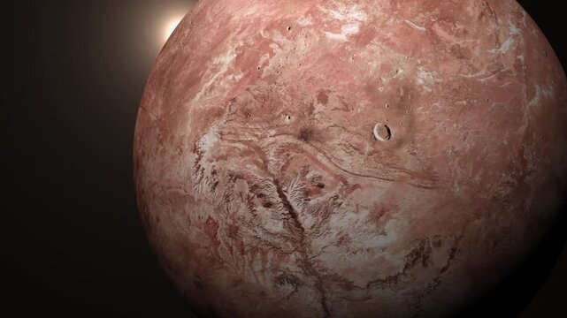 Makemake dwarf planet rotating in deep space with distant sun and cratered surface texture.