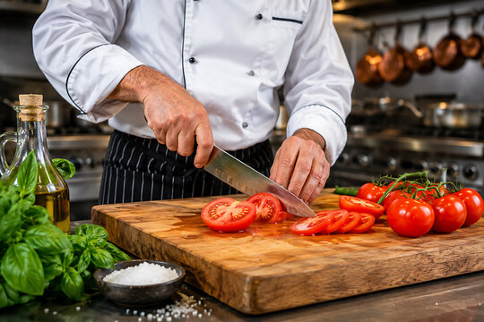 Chef Chopping Tomatoes With Knife On Wooden Board In Restaurant Kitchen