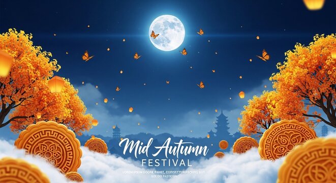 Mid autumn festival celebration with mooncakes trees and butterflies under full moon