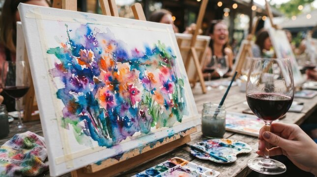 People painting with watercolor on canvas during a creative art and wine party class