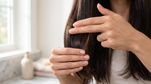 Close up of a young woman checking her long dark hair for split ends. Home hair care, beauty routine and healthy hair concept