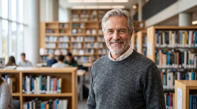 Portrait of a smiling mature male professor or librarian standing in a bright university library. Education and academic concept